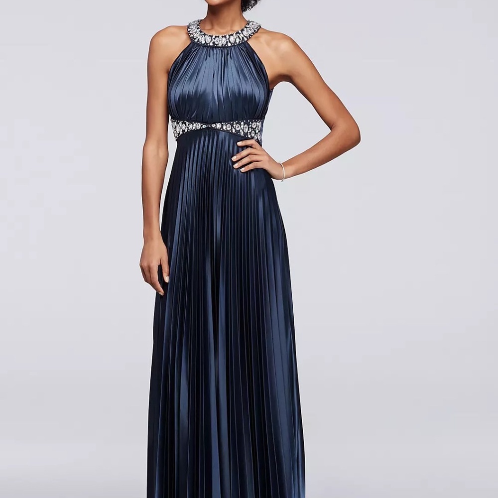 Beaded Strappy Back Halter Prom Dress with Pleats